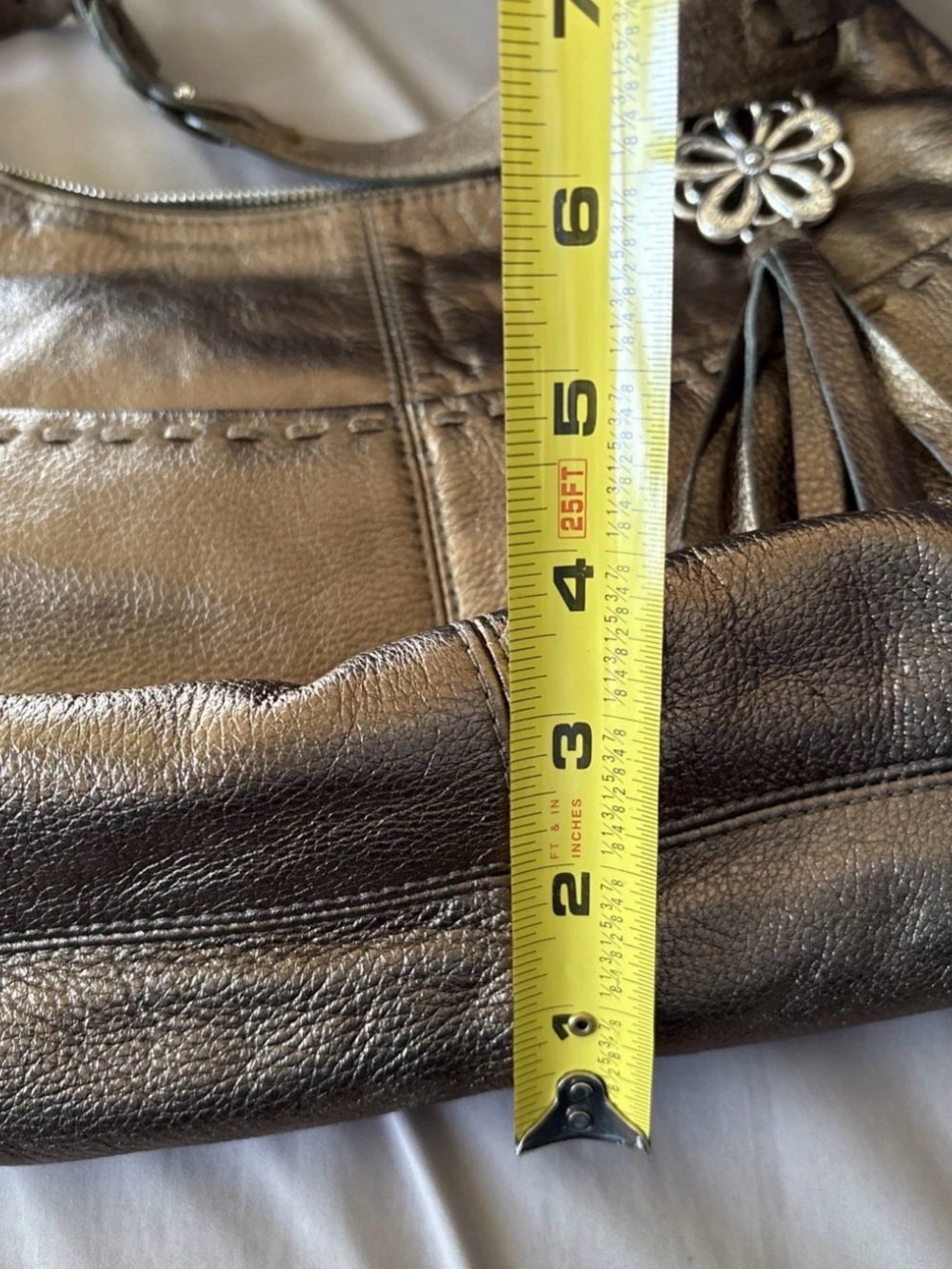 BRIGHTON KODIAK HOBO 4 Pocket Tote Bronze metallic Leather Fringed Heart Purse - Picture 12 of 15